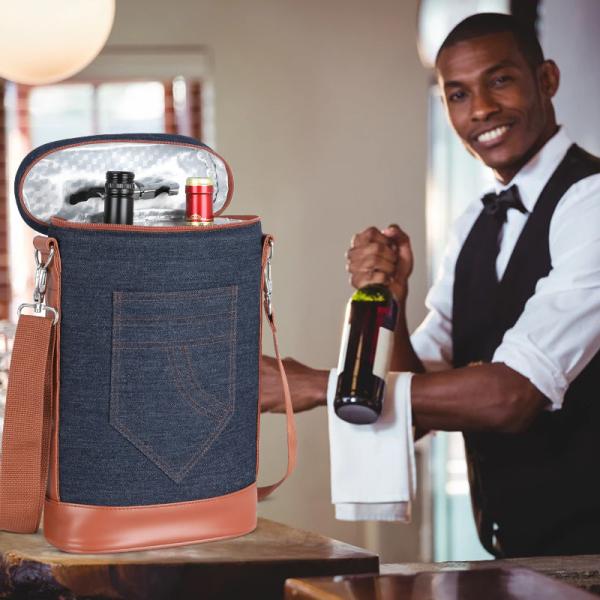 Denim Insulated Wine Cooler Bags Cheese Tote 2 Bottle Picnic 8.5x3.8x14