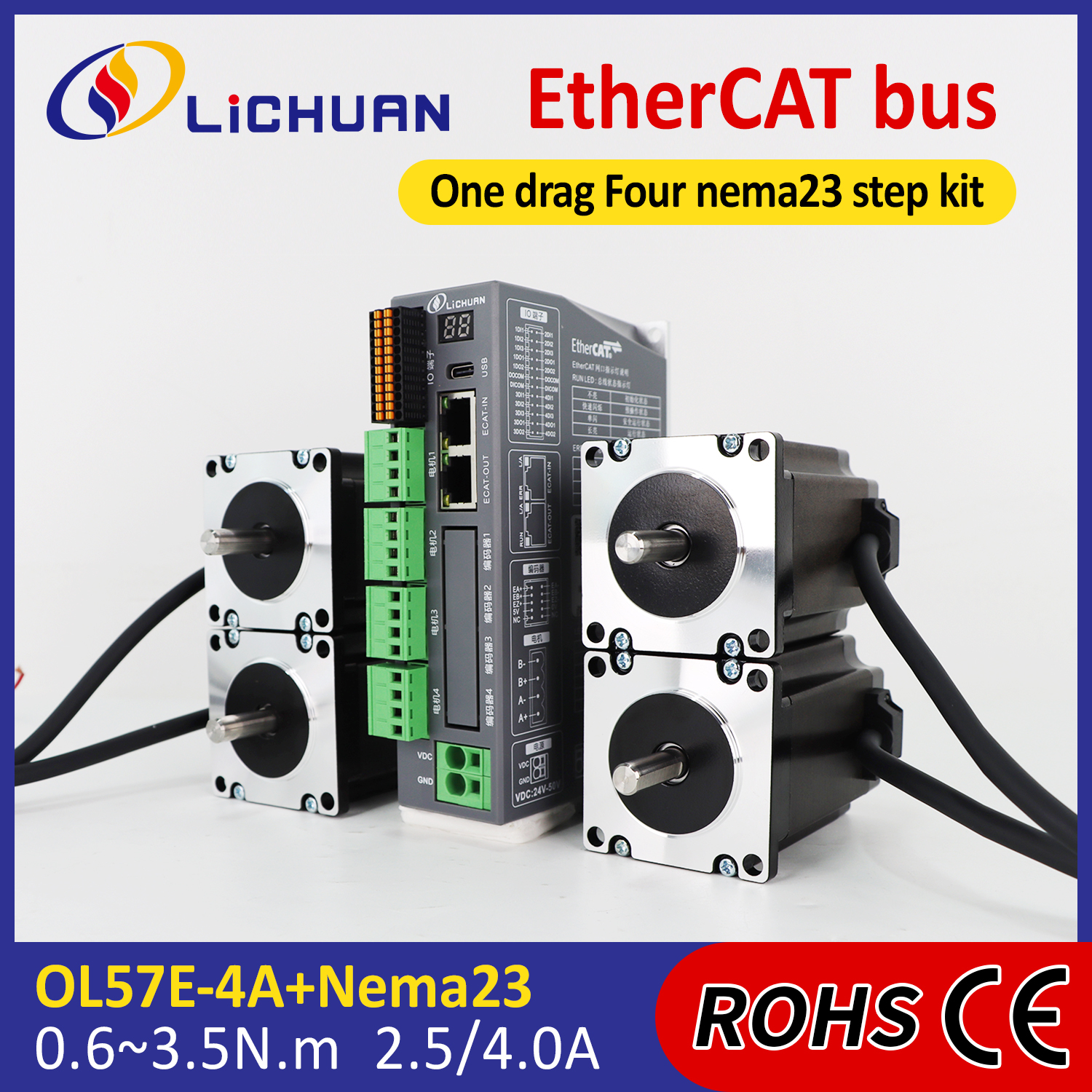 Lichuan 4A DC Open Loop Stepper Motor Drivers Kit EtherCAT 1.2N.m 2 Phase Nema23 DC24V～50V 2.5/4.0A