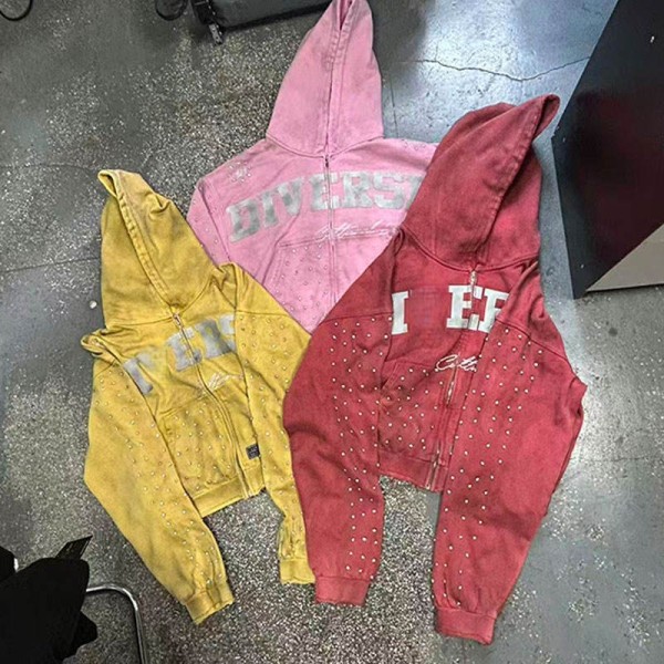 Custom Oversized Printing Rhinestone Zipper Hoodie Loose Boxy Fit