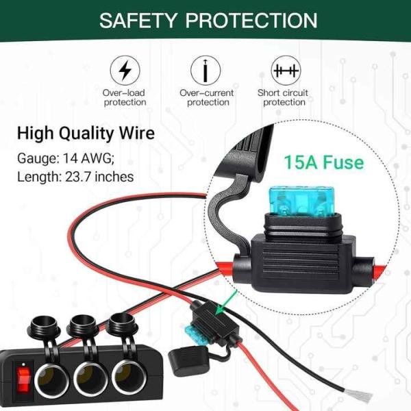 Adaptador cargador de encendedor de cigarrillos de 3 puertos 12V/24V con panel multifunción