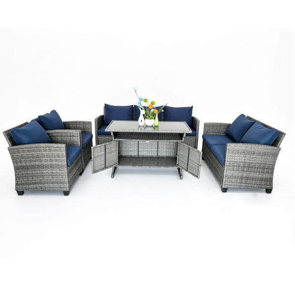 All Weather 5 Pieces Patio Furniture Set with Navy Blue Cushions Garden Backyard Storage Table Outdoor Wicker Conversation Set