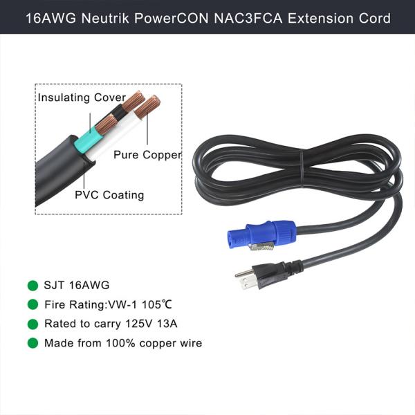 10A/15A Cabo de alimentação americano AC 14AWG NEMA5-15P para PowerCon NAC3FCA para ecrã LED