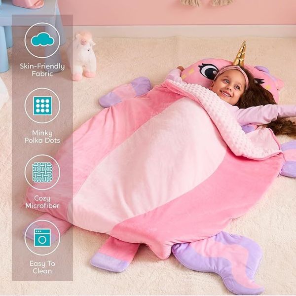 Pink Unicorn Toddler Nap Mat with Pillow & Blanket 60 x 39 for Kids Ages 3+