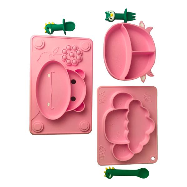 Pink Silicone Baby Tray Food Grade Cow Shape BPA Free Feeding Suction Plate