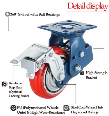Load  Bearing 400KG Heavy Duty Shock Absorbing Casters Single Caster Lockable PU Wheel 8'' Medical Equipment Carts