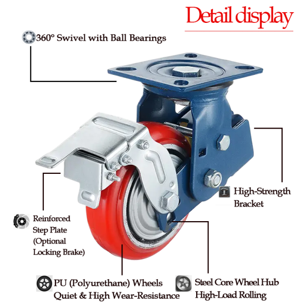 Shock Absorbing  Heavy-Duty Spring Loaded Caster Wheels  PU Wheel 6'' Large Equipment  Wearhouse Transportation Needs