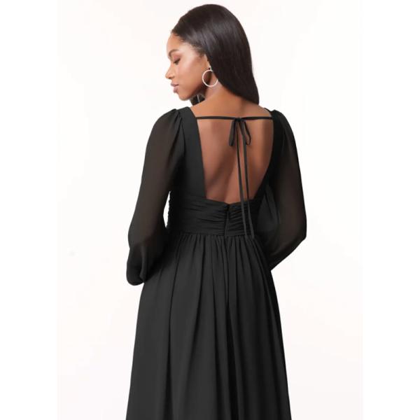 Charming OEM Chiffon Long Bridesmaid Dress A-Line V-Neck Long Sleeves Front Split Slit Backless Ruffles