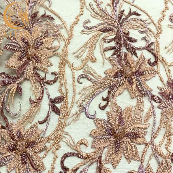 Stylish Pink Beaded Lace Fabric Sequins Decoration For Dress