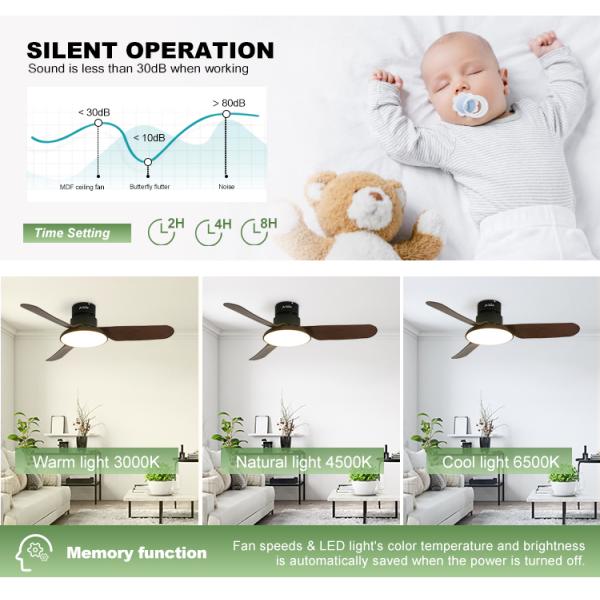 Ventilador de teto de material metálico com motor de corrente contínua de baixo ruído e iluminação LED de ar condicionado