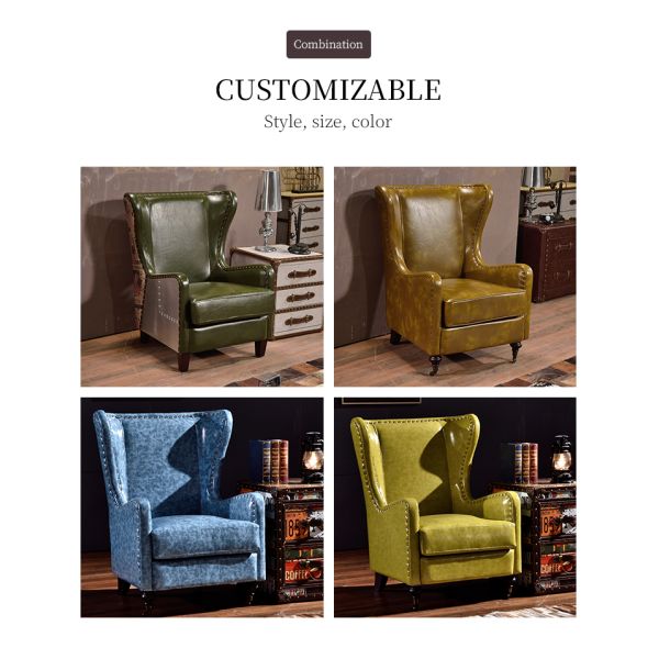 Nidea #8881 Traditional Design Handmade Genuine Leather Upholstered High Back Wing Chair with Wooden Frame for Bedroom Coffee Shop Hotel