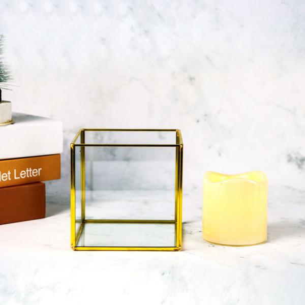 Glass greenhouse dust cover birthday candlestick Glass cover soft decoration square copper strip desktop storage box
