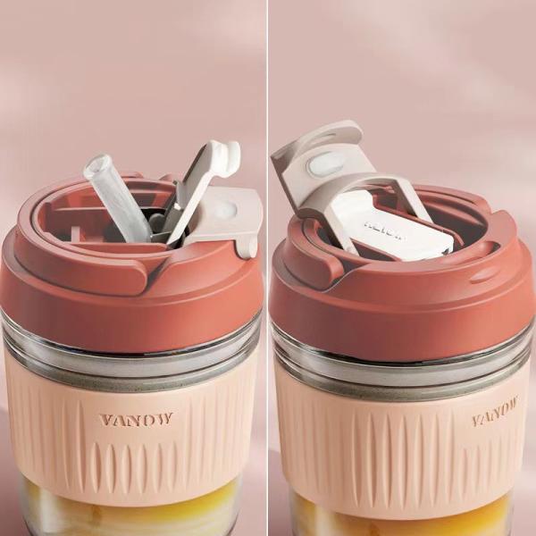 Large Capacity Children's 380ml Glass Bottle High Value Wide Mouth Glass Water Bottle With Cup Cover And Removable Straw For Office Use 8*15cm