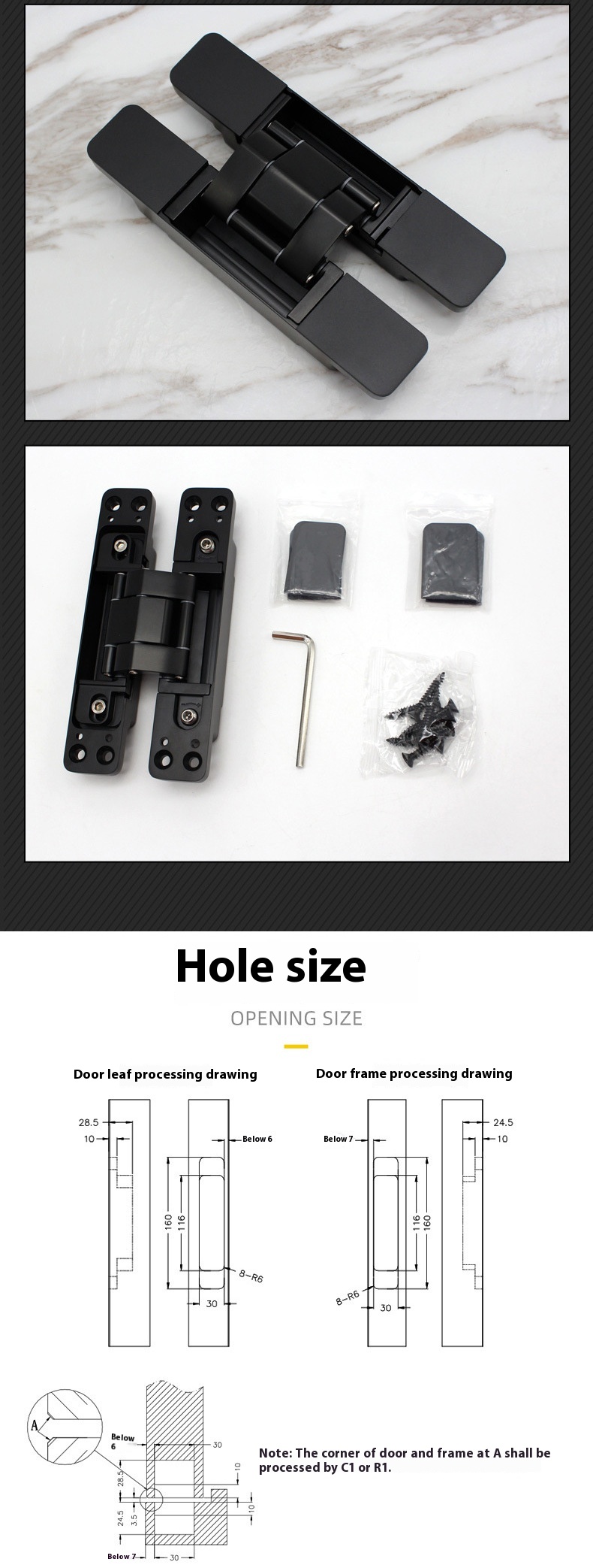 Modern Simple Black H-Shaped Zinc Alloy Door Hinge Three-Dimensional Adjustable Foldable Window Hinges with Hidden Feature