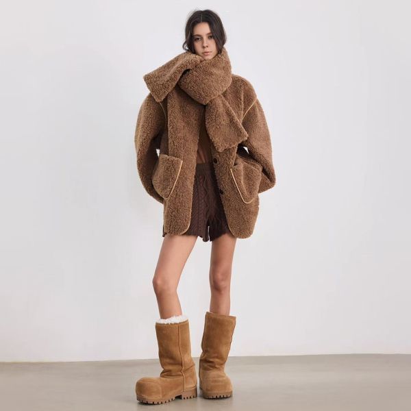 Teddy Colored Faux Sheep Fur One Piece Plush Coat With A Scarf Included