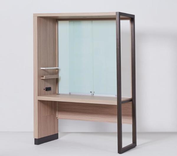 Springhill suites hotel sliding glass panel HPL oak finish metal frame desk unit for hotel guestroom