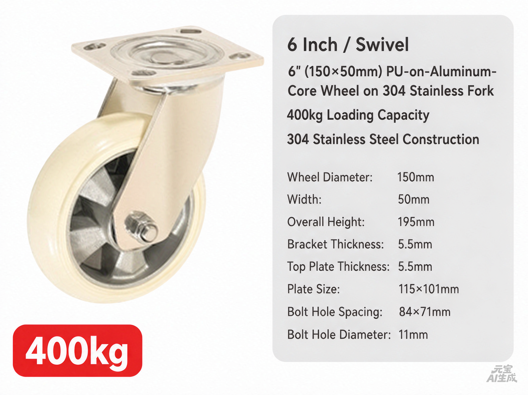 Heavy Duty 6 Inch Rigid Caster 304 SUS  Fixed Caster PU  Aluminum Core Wheel Seafood Marine Industry