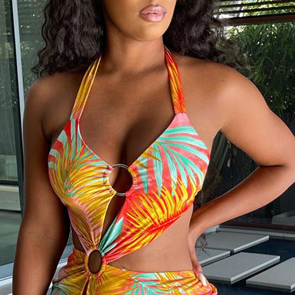 Printed Hollow Women's Beachwear Dresses , Beach Swimming Dress For Ladies