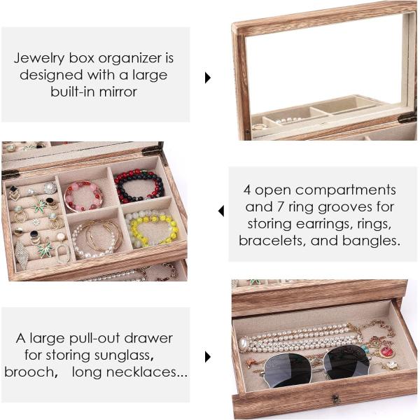 Custom Oem Logo Rustic Wooden Jewelry Box With Mirror Ring Tray Large Size Craft Gift