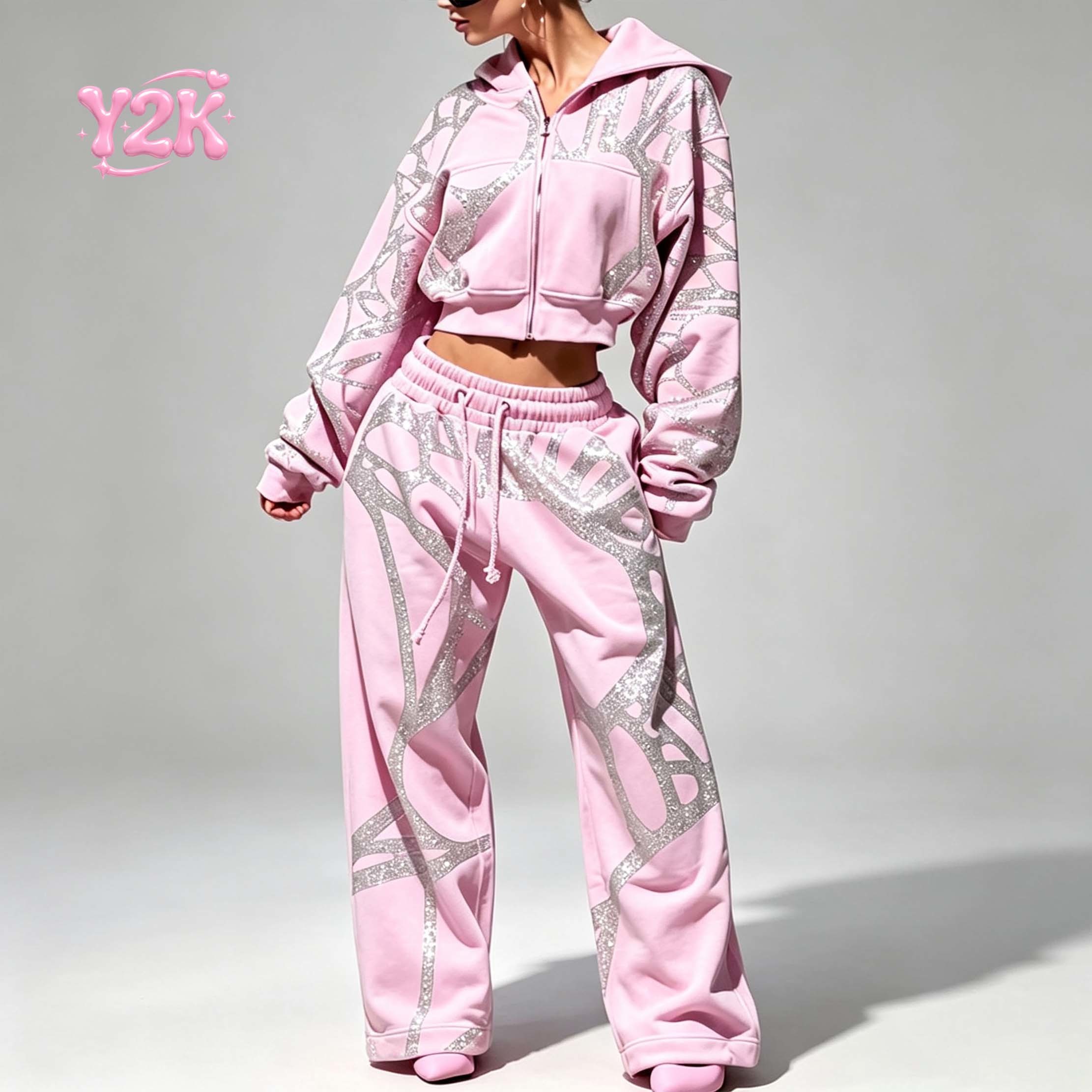 Custom Women's Printed Cropped Zip Hoodie Wide Leg Pants Set