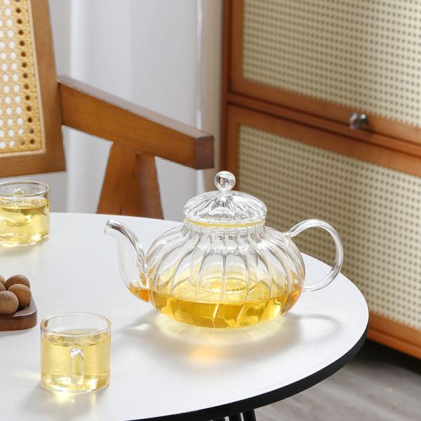 OEM 600ml 20oz Pumpkin Ribbed Glass Teapot Heat Resistant Coffee Pot Stovetop Safe
