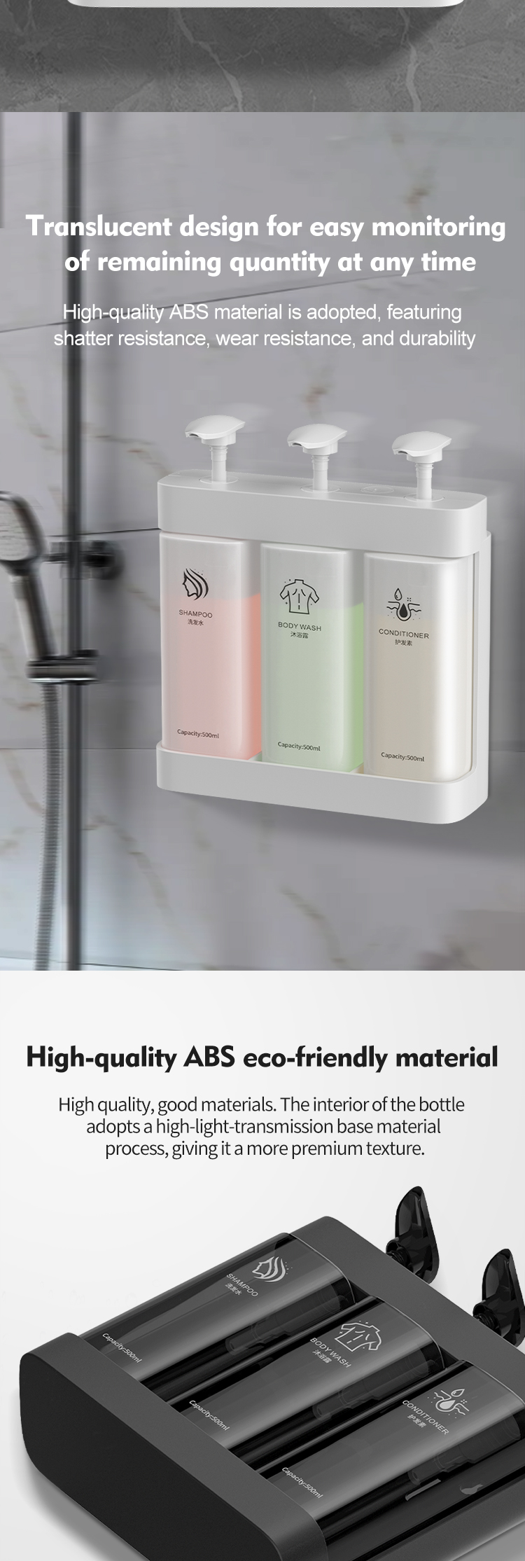 Multi Function Triple Wall Mounted Pump Soap Dispenser Refillable 500ml*3 Capacity