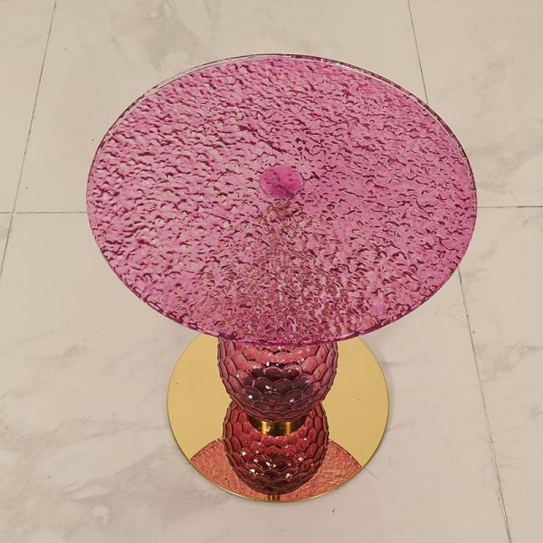 Purple Glasss Top Unique Design Shiny Finish Stainless Steel End Table Gold Metal Base