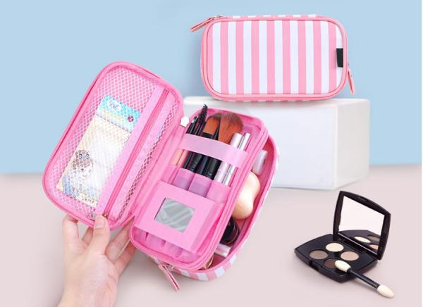 Small portable PU cosmetic box Korean girl stripe cute makeup storage multi-functional toiletries bags