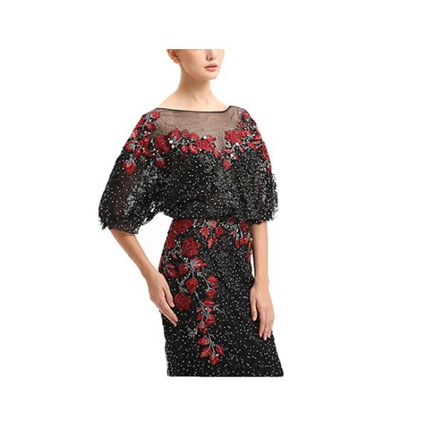 Embroidery Black Beading Half Sleeve Evening Dresses Long Maxi Floor Length