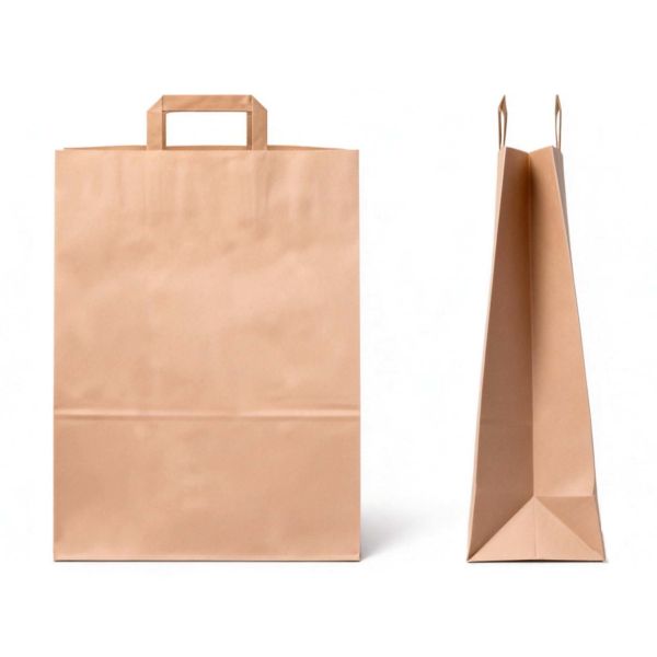 Eco friendly recyclable kraft paper flat handle bag designed for grocery shopping food takeaway and sustainable packaging