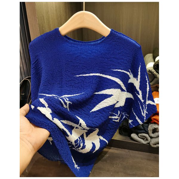 Retro pleated summer new Chinese ink bamboo print T-shirt fashionable plus size women's casual top