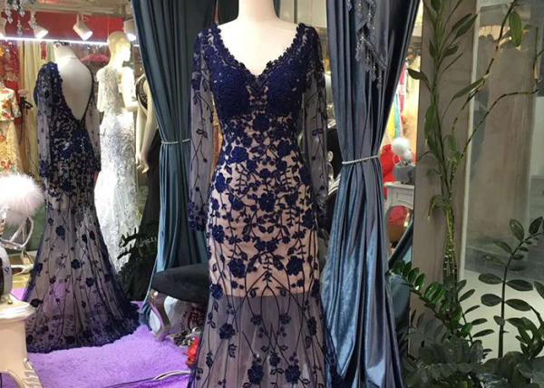 Navy Blue Long Sleeve Lace Mermaid Prom Dress V Neck Backless See Through Style