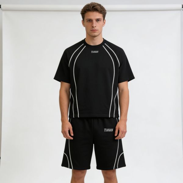 Manufacturer High Quality Summer 2 Two Piece Custom Oversized Reflective Stripe Tracksuit Boxy Printed T-shirt and Shorts Set