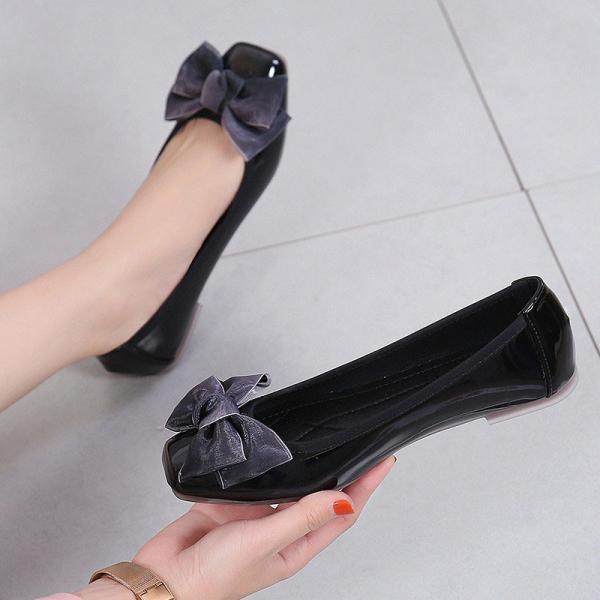 Square Toe Flat Heeled Shoes Ballerina Foldable With Big Bow