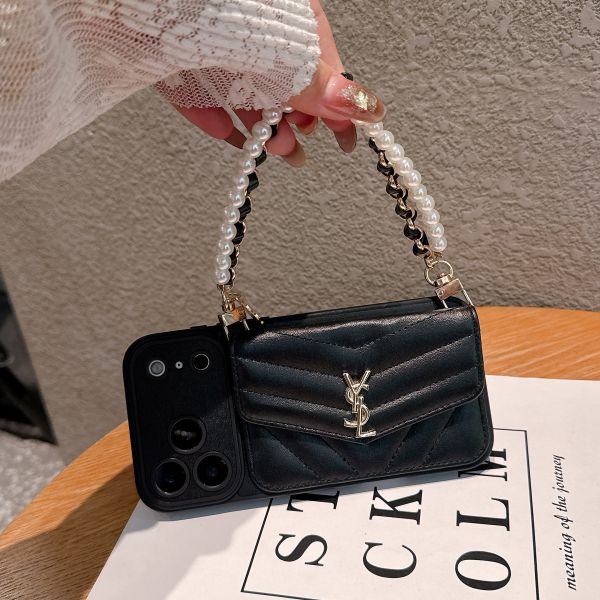 YSL 3D Card Holder Case with Precision Hole Edges Full Coverage iPhone 17 Pro Max Phone Case
