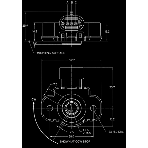 Rotary Potentiometer Sensor Sensata 9856R5KL2.0 Featuring Sealed Connector and Durable Construction