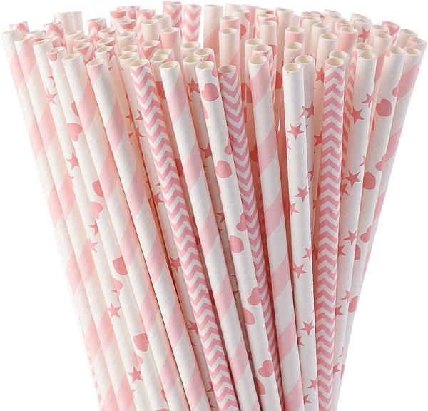 146 6mm Chevron Pink And White Striped Biodegradable Paper Straws For Celebrations Party