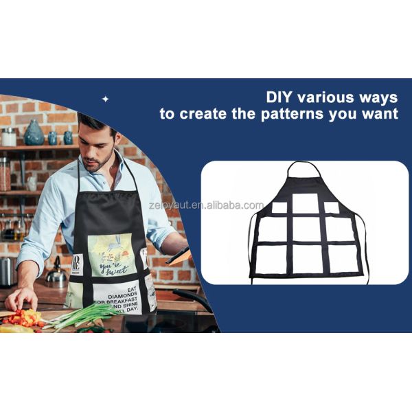 Sublimation Blanks100%polyester/satin 72*65cm 9panel Waist Apron for Adult Women Man Custom logo Kitchen Black Half Length Apron