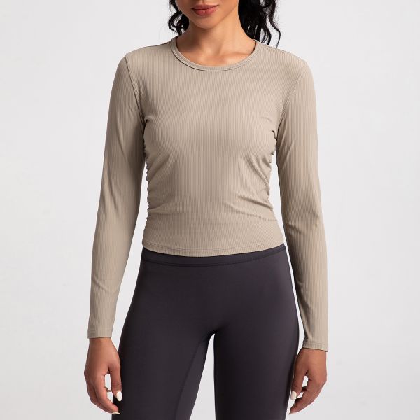 Beige Ribbed Women Activewear Tops Long Sleeve Cropped Stretch Slim Fit Crew Neck