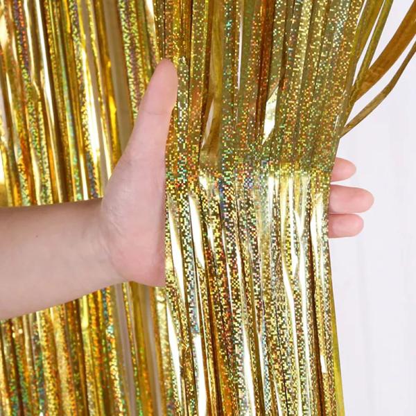Праздничный лазер Золотая металлическая фольга Фриндж занавес дождь Фон блестящий фольга занавес