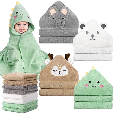 12 PCS Baby Bath Towels Set, 4 PCS Animal Hooded Baby Towels & 8 PCS Washcloths Set, Ultra Absorbent Cute Soft 