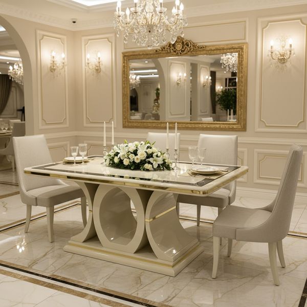 White Luxury Wooden Dining Table and Chairs Set 6 Seater Home Furniture Dining Room Dining Table with Sideboard Wine Cabinet