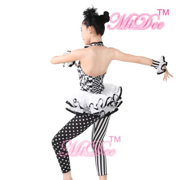 Sleeveless Hip Hop Dance Costumes Halter Black / White Print Dance Unitard Outfits