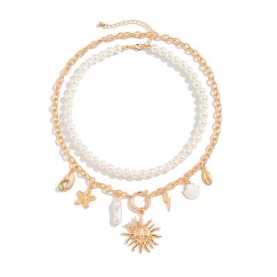 Boho Two Packs Lighting Pendant Pearl Chain Necklace in Round Shape with Rose Gold Plating