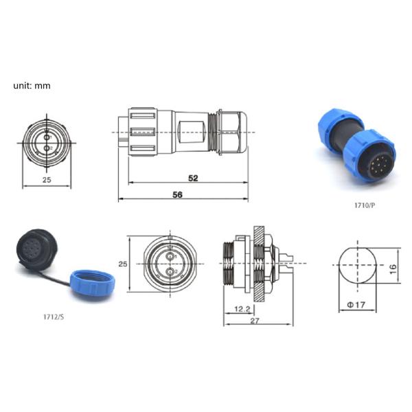 PA66 M17 2 Pin Waterproof Connector Panel Mounting 3 4 5 6 7 9 Pin Cable To Panel