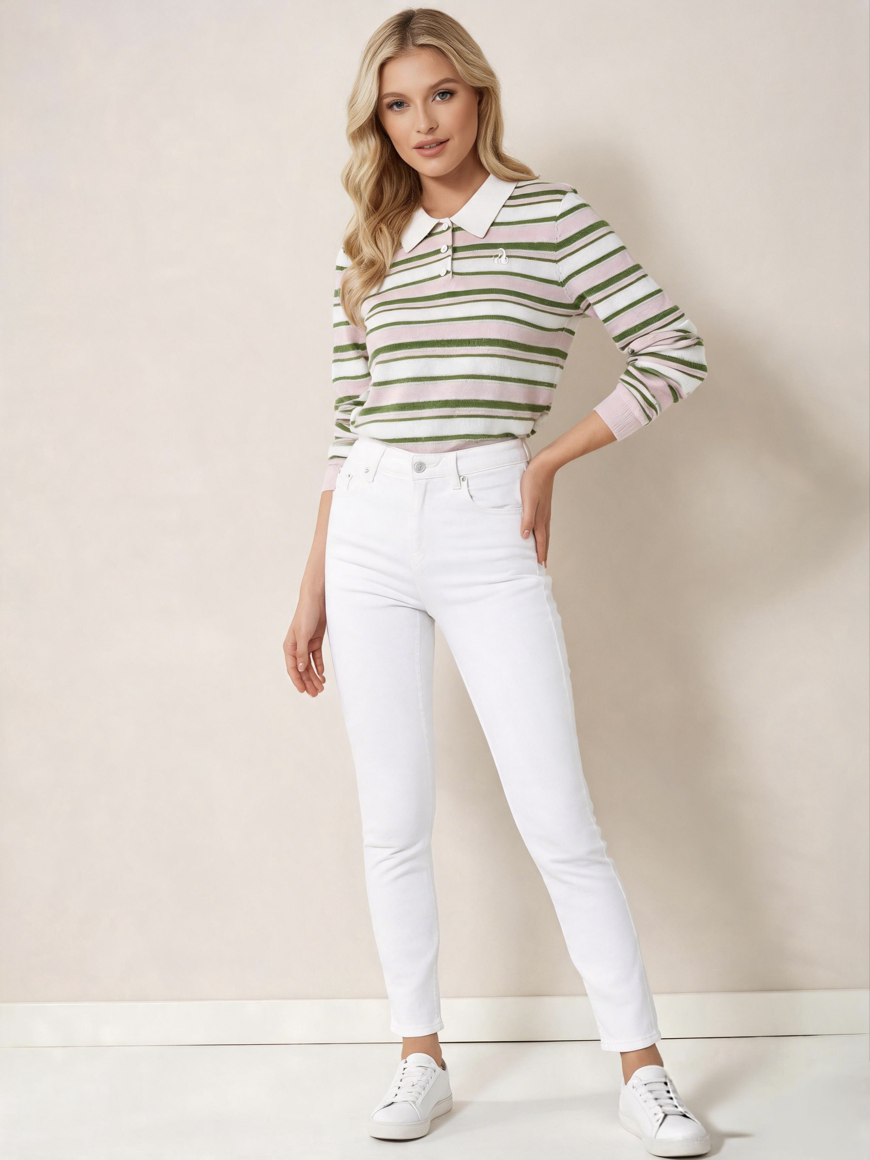 Women's 14G Computer Knitted Breathable Pullover Knit Top with Striped Polo