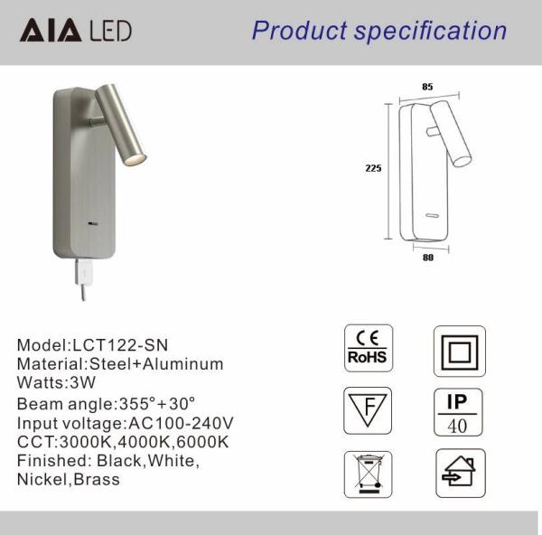 Adjustable cylinder bed reading wall lamp bedside light USB flexible headboard spot light for hotel villa project