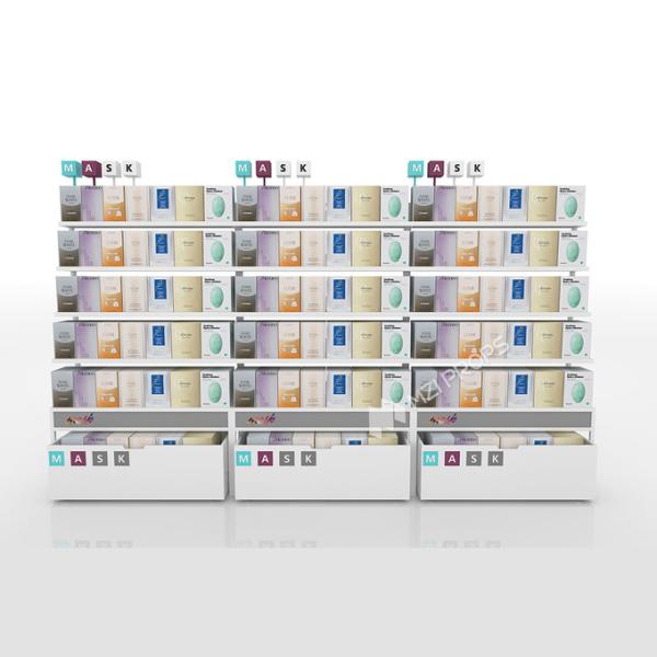 Cuadro de combinación de máscaras faciales Repuesto de exhibición de madera blanca para decoración de tiendas de cosméticos y diseño de tiendas minoristas