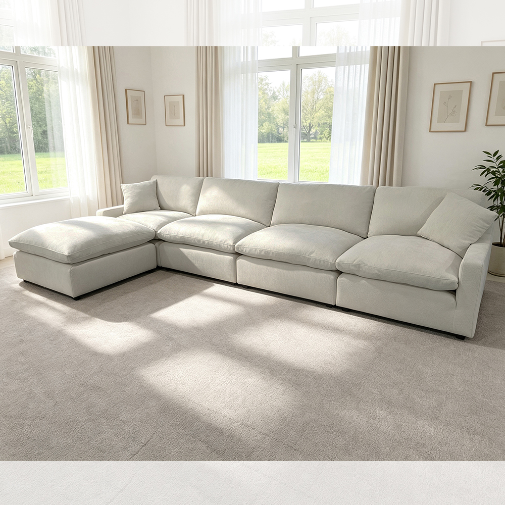 Sectional Modular Sofa with Feather Blend Seat Cushion and Pillows, Light Gray Fabric