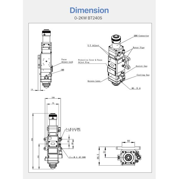 Multipurpose Laser Spare Parts Fiber Head 2KW Fit Raytools BT240S