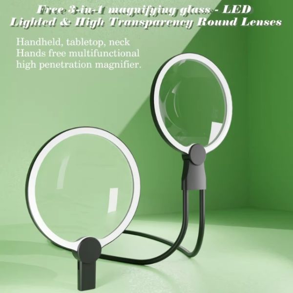3-in-1 LED Magnifier with Rechargeable LED Light and 130mm Lens for Handheld Desktop and Neck Use